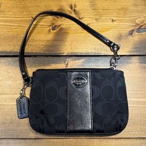 Coach Signature Jacquard Wristlet Pouch Bag Black Monogram Canvas Leather Trim
